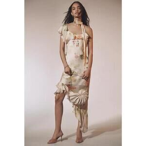 Anthropologie Asymmetric Scarf Slip Party Cocktail Dress Size 1X Neutral Ivory